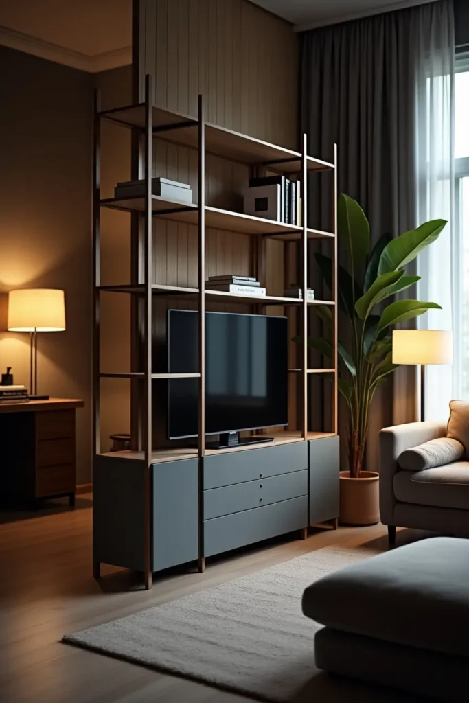 Bibliothèque utilisée pour délimiter un bureau dans un salon
