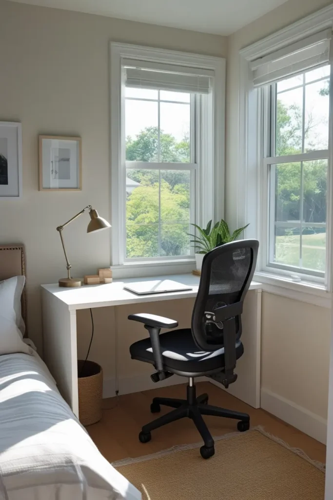 idee bureau pour petit espace ,Petit bureau près d’une fenêtre dans une chambre avec lumière naturelle