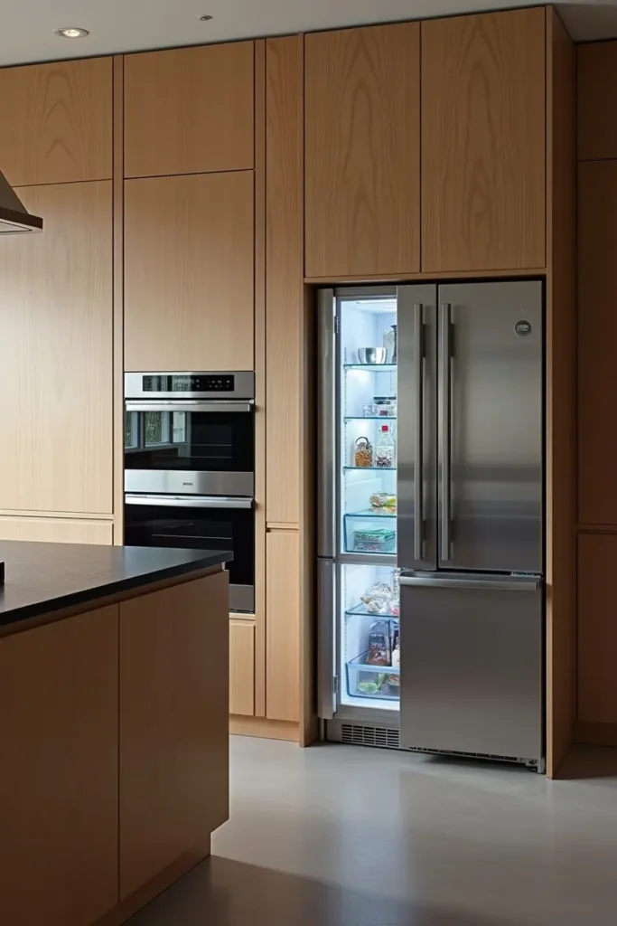 Cuisine épurée avec électroménagers encastrés, plan de travail en quartz noir et placards bois horizontaux