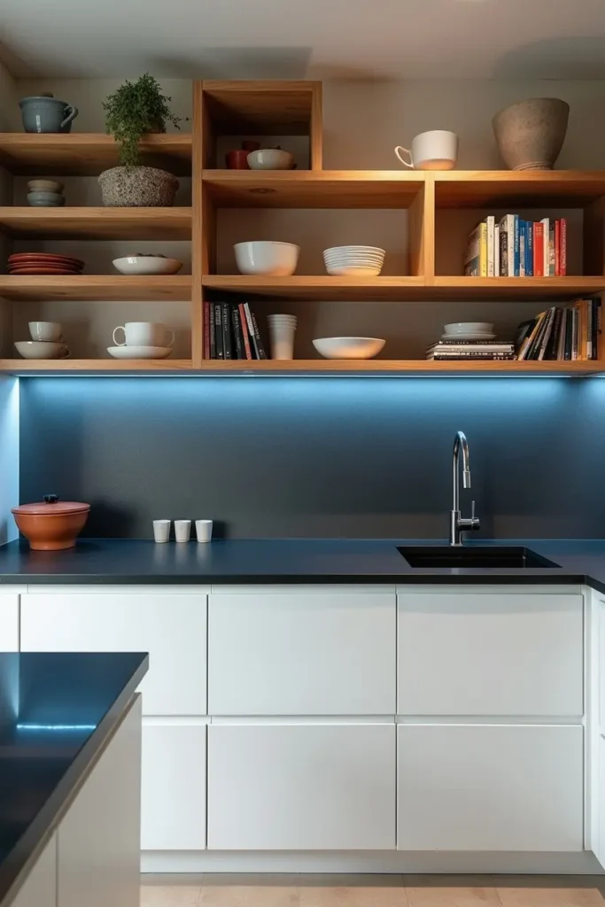 Cuisine design avec étagères ouvertes en bois, plan de travail quartz noir et éclairage LED bleu artistique