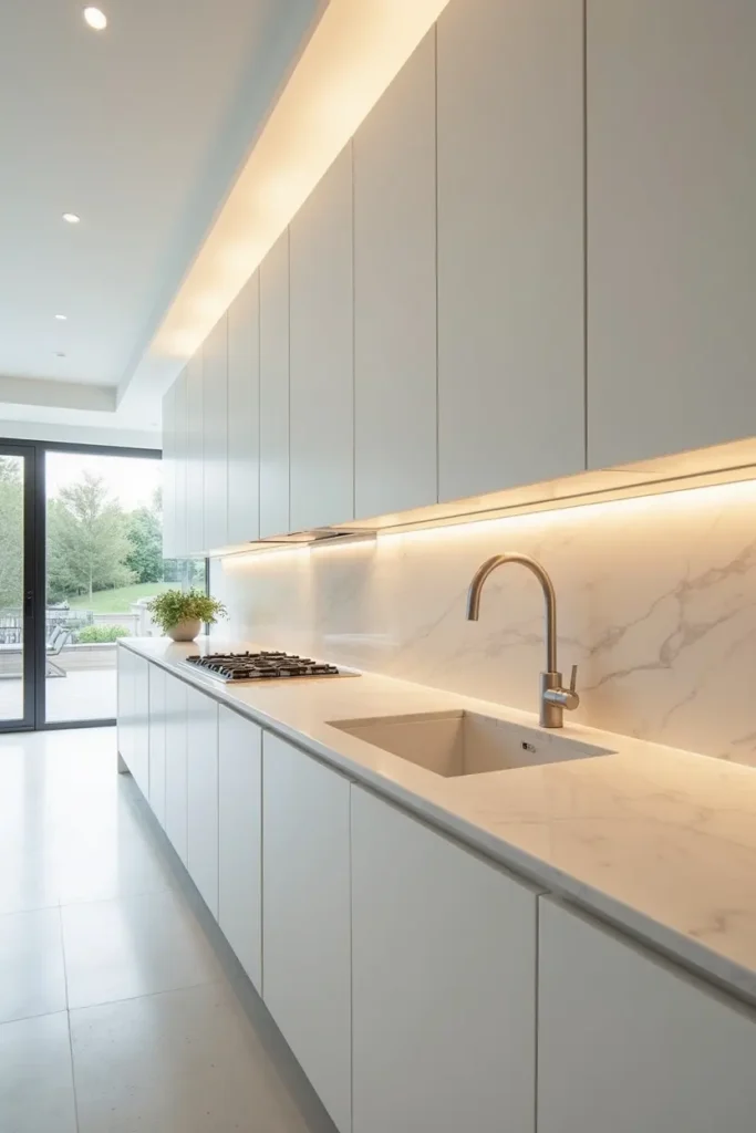 Cuisine minimaliste sans poignées, plan de travail en marbre blanc et plaque de cuisson intégrée