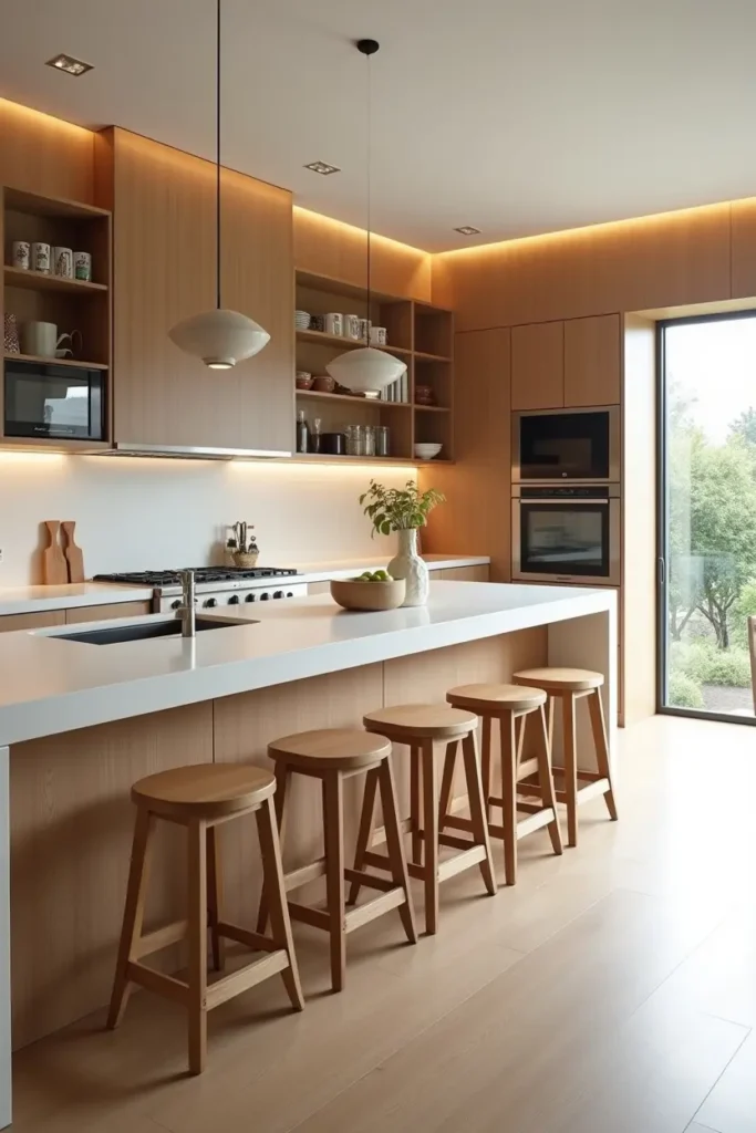 Comptoir de cuisine moderne avec tabourets hauts en bois, plan de travail quartz blanc et éclairage doré