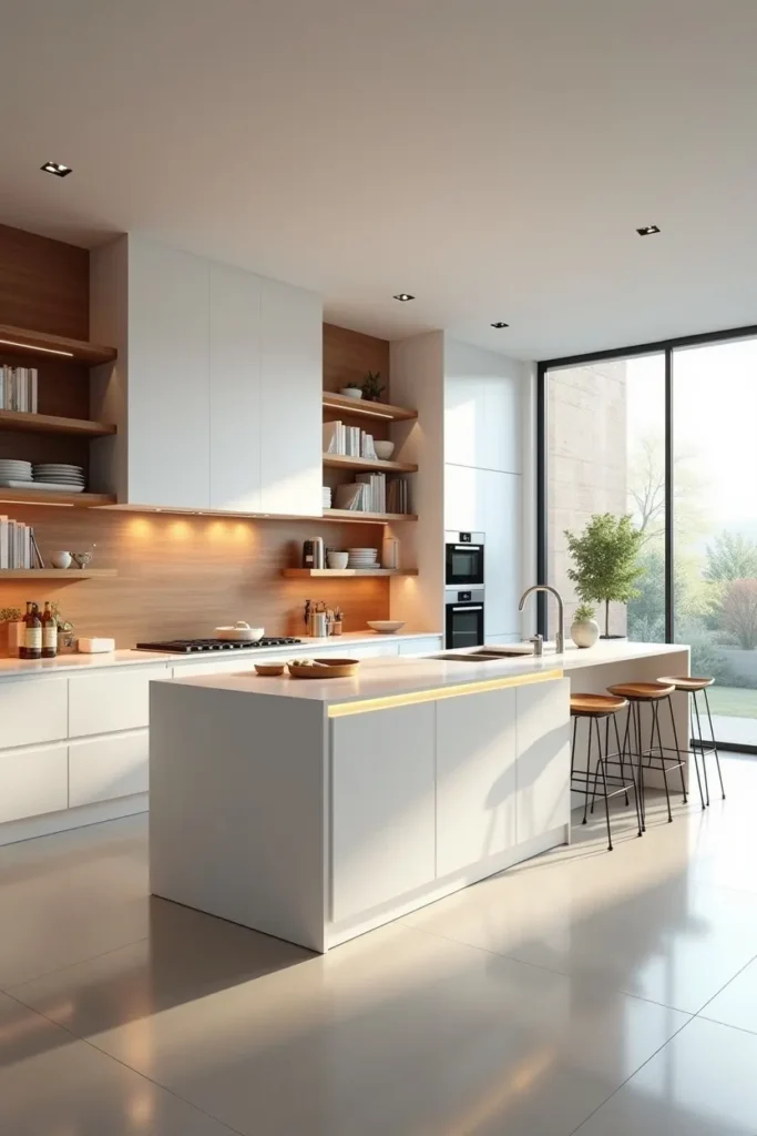 Cuisine moderne luxueuse avec placards blancs brillants, étagères en bois naturel et grand plan de travail en quartz éclairé
