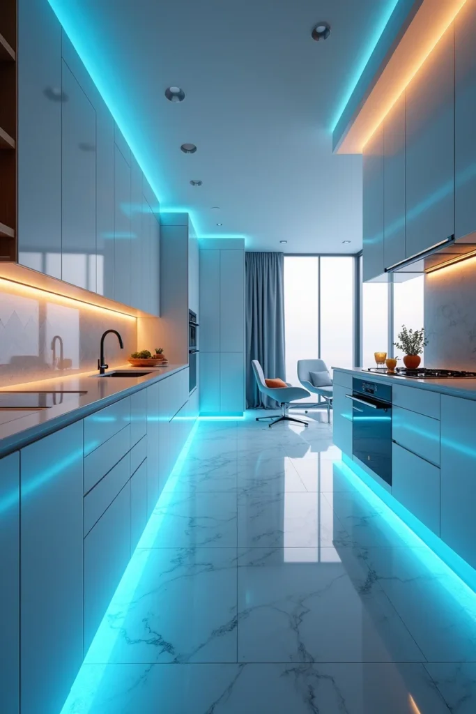 Cuisine futuriste avec éclairage LED sous les placards, plan de travail en quartz et électroménagers tactiles