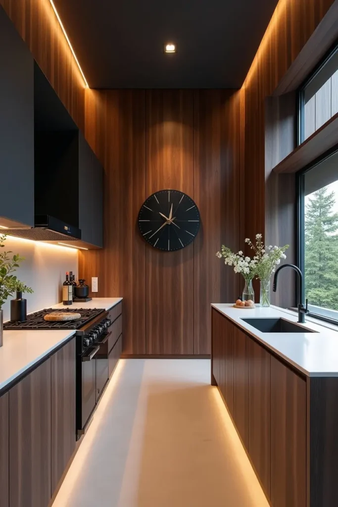 Mur accent en bois sombre dans une cuisine minimaliste avec plan de travail quartz blanc et horloge géométrique