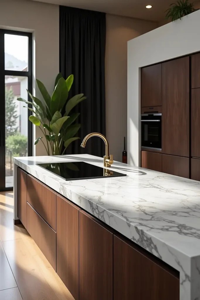 Cuisine luxueuse avec plan de travail en marbre blanc veiné, placards en bois foncé et plaque de cuisson noire