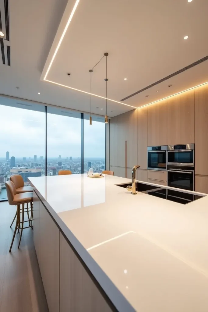 Cuisine contemporaine avec plan de travail en quartz blanc lisse, électroménagers intégrés et accents dorés minimalistes