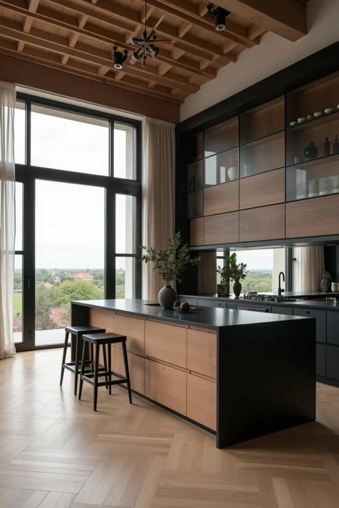 Cuisine industrielle mixant bois, fer et verre avec îlot central et plan de travail noir mat