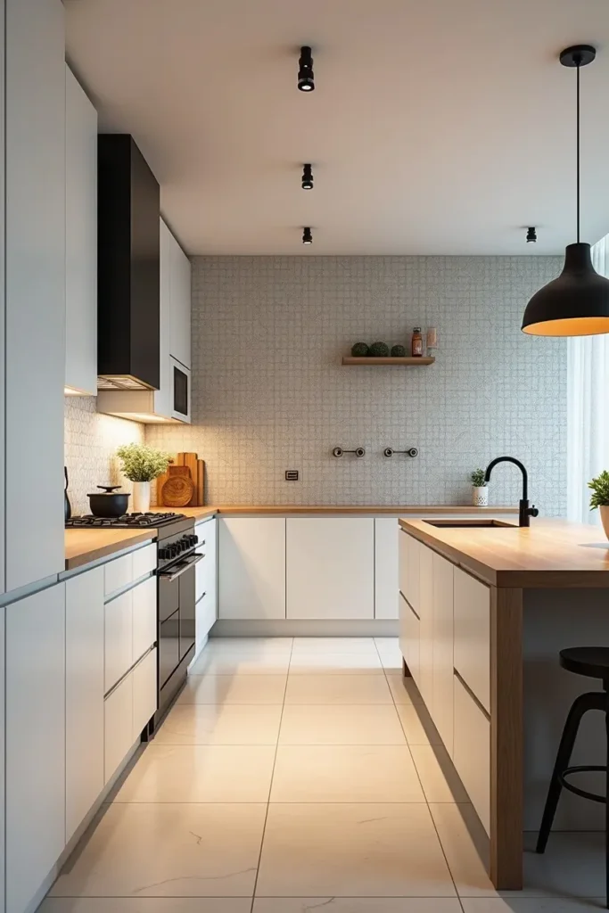 Crédence en carreaux de ciment géométriques pour une cuisine moderne avec plan de travail en bois clair