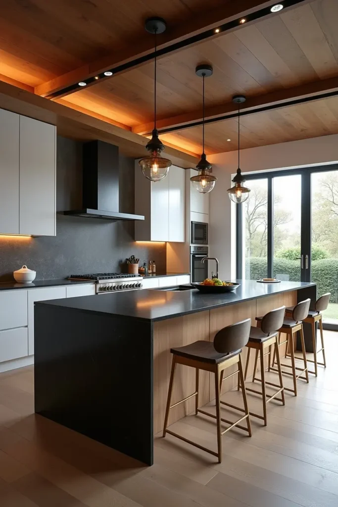 Îlot central en bois massif poli avec plan de travail en quartz noir et suspension design lumineuse